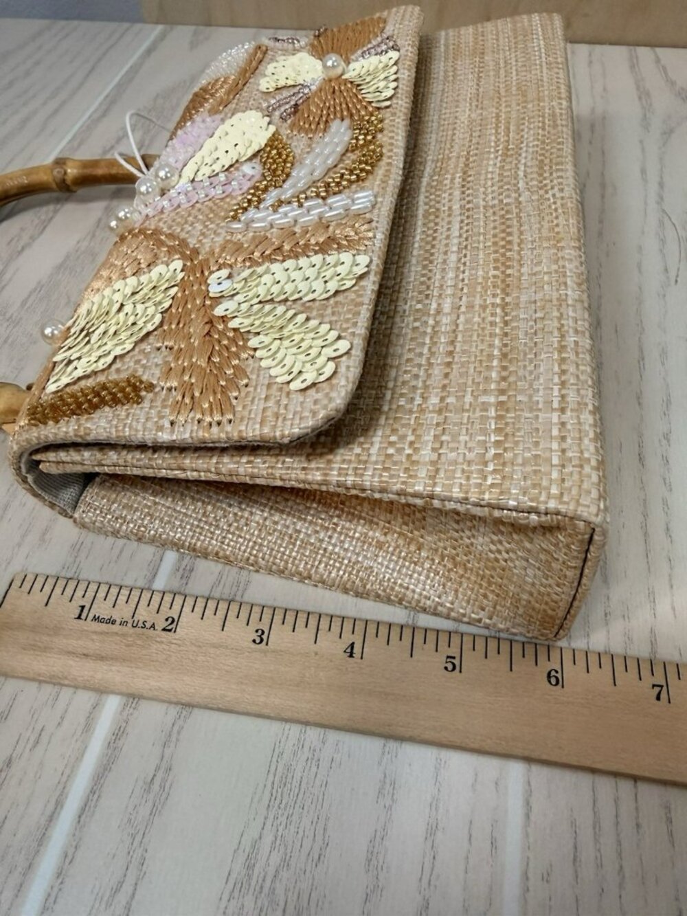 New With Tags HAUTE HIPPIE Small Boho Beaded Sequin Natural Linen Purse Clutch - Picture 10 of 16